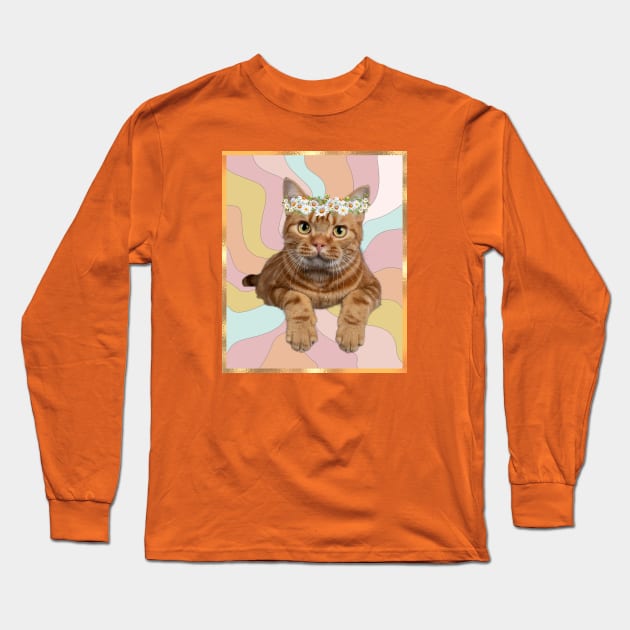 Funny 70's Hippie Cat with flower headband colorful design Long Sleeve T-Shirt by Katebi Designs